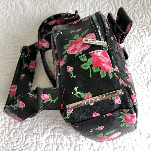 Betsey Johnson Floral Black Mini Backpack with Pink Accents - Picture 10 of 12